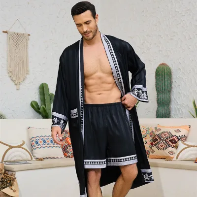 New European and American Baroque Style Comfortable Ultra-Thin Satin Robe Shorts Set Men's Loungewear 3403+3397