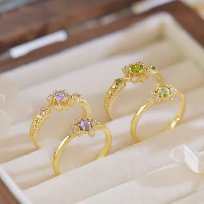 French Design Retro Style Opening Female Ring 18K Gold Plated with Zircon Olive Green Vintage Copper for Weddings and Parties
