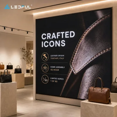 Wide LED Craftsmanship Wall P1.86 for Luxury Handbag Gallery with slim cabinet and 4K detail Fixed Installation