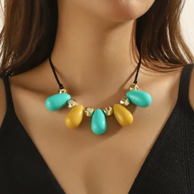Turquoise Yellow Resin Gemstone Beaded Pendant Necklace Boho Handmade Statement Jewelry for Women Casual Summer Vacation