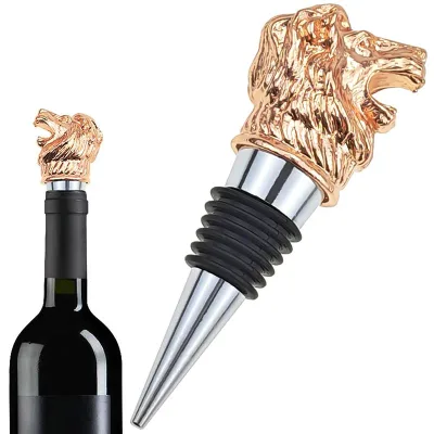 Custom Gold Lion Head Wine Decanter with Pourer Creative Metal Wine Stopper Gift Idea
