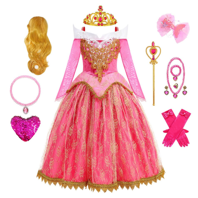 Elegant Sleeping Beauty Lace Long Sleeve Girl Princess Dress Halloween Cosplay Carnival Party Fancy Dress Costume