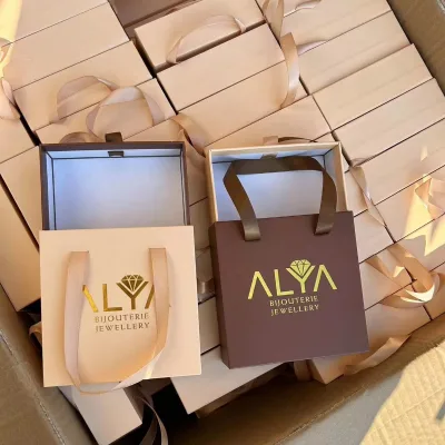 High-end Luxury Packaging Jewelry Bags with logo Custom in Gold Hot Foiled Beige Brown Jewelry Gift Bag with Box and Ribbon