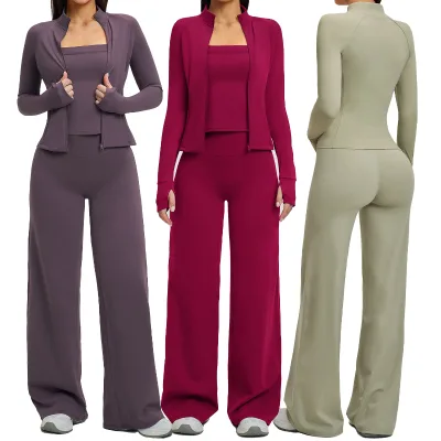 Newest 3-Piece High Quality Quick Dry Sports Zipper Jackets Vest Flared Yoga Pants Outdoor Running Yoga Set