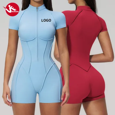 New Arrival Women Zipper Stand Collar Butt Lift 78% Nylon Spandex Gym 4-Way Stretch Start-up Friendly Workout Jumpsuits