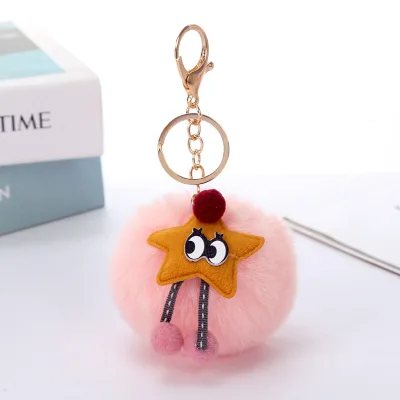 Korean-Style Women's Keychain Cute Little Starfish Faux Rabbit Fur Ball Soft Leather Metal Crystal Plastic PU Bag Bowknot