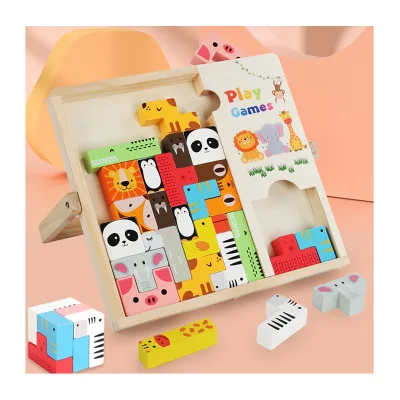 New Design Russian Blocks Wooden Toys Montessori Chunky Puzzle Stacking Game 3D Animal Building Blocks Jigsaw Puzzle for Kids