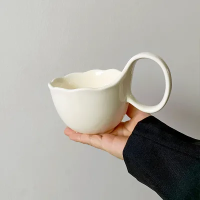 Wholesale Custom Chinese Design Creamy Solid Color Ceramic Mug Curved Handle High Temperature Resistance Multifunctional