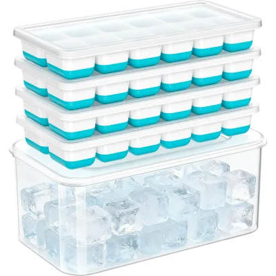 Waker Manufacturer Custom BPA Free Silicone Ice Cube Tray 4 Pack with Freezer Storage Bin 4 Pack 48 Cubes Silicone Ice Cube Tray