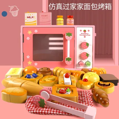 Unisex Strawberry-Themed Wooden Kitchen Food Pretend Play Toy Set Microwave Oven Pretend Cooking Educational Kid-Friendly Box