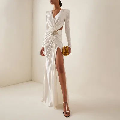 Fashionable White Long Sleeved Party Dresses Pleated Hollowed Cross Over Dresses Sexy
