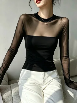 Women's Eco-Friendly Sheer Mesh Long Sleeve T-Shirt-Breathable Casual Solid Top