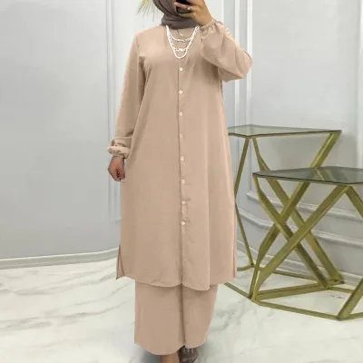 New Middle East Muslim Pure Color Comfort Casual Button Long Sleeve Elastic Blouse and Pants