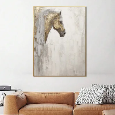 Large Horse Texture Painting Gold and Gray Horse Canvas Art Wabi-Sabi Wall Art Horse Oil Painting