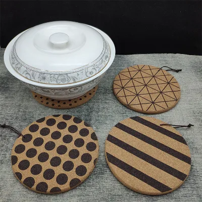 Yellow Natural Cork Coaster Hanging Rope Geometric Strip Dot Triangle Print Heat Resistant Biodegradable Pot Holder Hot Pan Bowl
