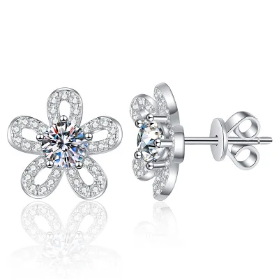 OAHLAN Fine Jewelry 1CT Round Cut D Grade VVS1 Moissanite Diamond Sunflower Stud Earrings 925 Sterling Silver Earrings for Women
