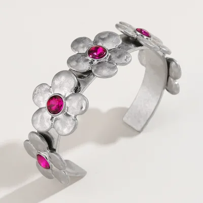 KJ Original Design Whacked Grain Retro Flowers Purple Crystals Petal Cuff Bracelet