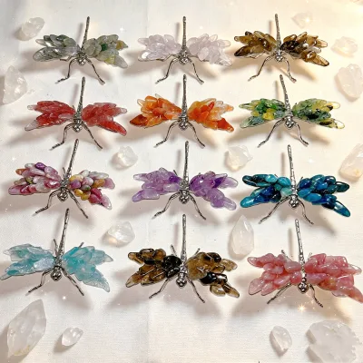 Multicolor Natural Crystal Chips Inlaid Dragonfly Ornament Mixed Gemstone Gravel Wing for Decor Gifts