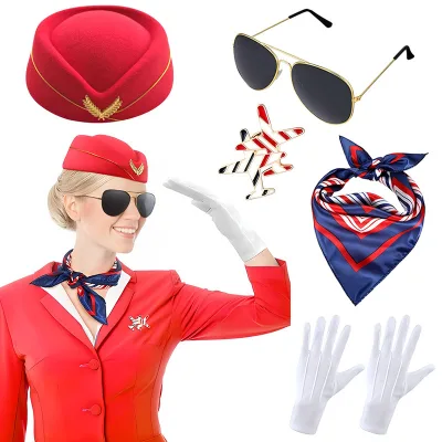 Stewardess Role Play Costume Accessories Set for Women Scarf Hat Gloves Brooch Glasses Case Party Dress up Outfit