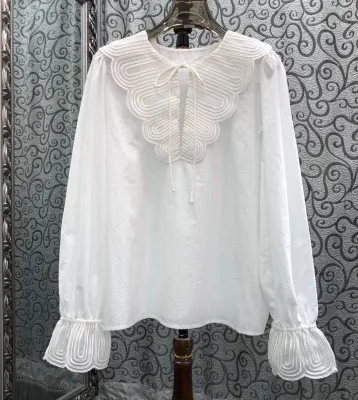 100%Cotton Shirts 2026 Autumn Fashion Style Women Appliques Embroidery Patchwork Flare Sleeve Casual Loose White Shirts Blouse