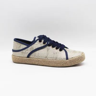 Metallic Woven Low-Top Sneakers with Navy Blue Contrast Piping, Jute Espadrille Sole - Comfortable Casual Footwear for Women