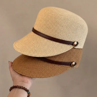 Spring Summer Fine Woven Paper Straw Equestrian Hat with Stylish Metal Buckle Belt Outdoor Causal Sunshade Baseball Cap