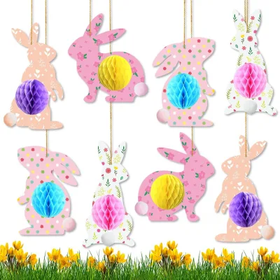 For New Easter Rabbit Honeycomb Paper Pendant Cartoon Colorful Egg Hanging Decoration
