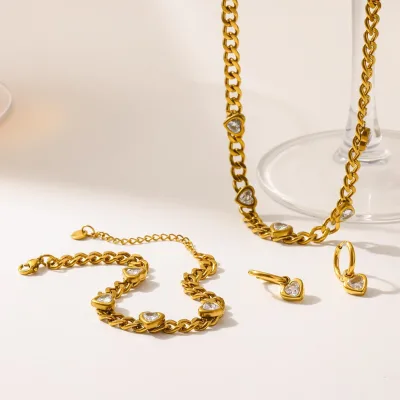 Waterproof Anti Tarnish Stainless Steel Heart CZ Cuban Chain Jewelry Set Zircon Necklace Bracelet Huggie Earrings Wholesale