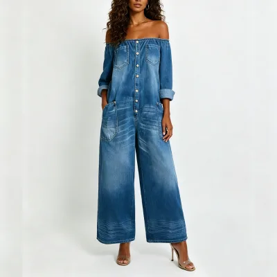 Off Shoulder Denim Jumpsuit Women Sexy Button Down Washed Jean Overalls Streetwear Trendy Bodycon One-Piece Outfit