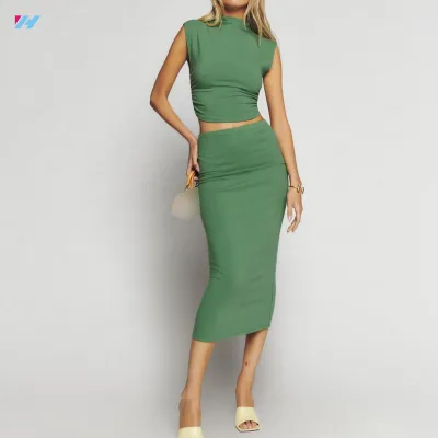 Custom Summer Crop Top 2 Piece Midi Long Skirt and Top Set for Women