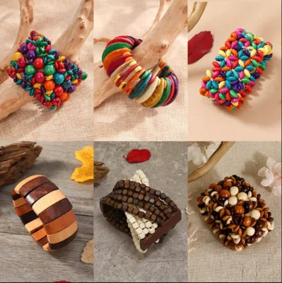 Handmade Bohemian Fashion Wooden Bead Bracelet Trendy Color Elastic Thread Women's Bangles Men's Gifts