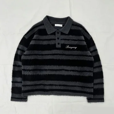 OEM ODM 100% Cotton Formal Button Collar Knit Top Long Sleeve Digital Printed Dark Print Sweater Pullover for Men