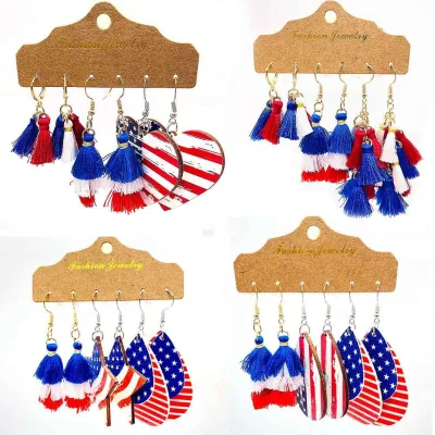 BOYI Independence Day Red White Blue Tassel American Printed Wooden Earrings Wholesale