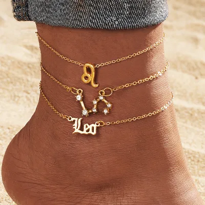 12-Constellation Wholesale Zodiac Alloy Anklet Women's High-Grade 3-Piece Set Multi-Layer 12-Star Gold Diamond Encrusted