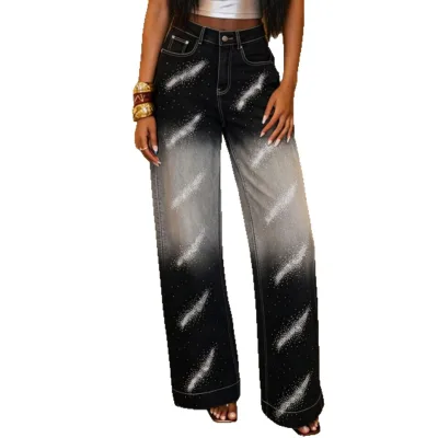 ZHEZHE S-3XL  2026 New European/American-Style Washed Gradient Hot-Stone-Embroidered Streetwear Spring High-Waist Denim Pants