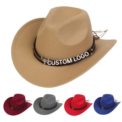 Wholesale Felt Hats Custom Logo Promotion Western & Cowboy Hats a Jazz Hat with a Bull's Head and Chain