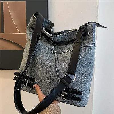 Cross-border Large Capacity Denim Bucket Bag Women's New Retro Single Shoulder Crossbody Casual Tote