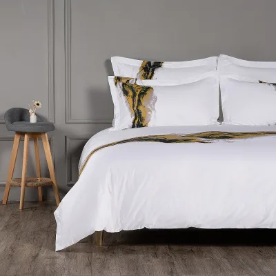 New Arrival Hotel Collection White Pure Cotton King Size Quilt Bedding Set 300TC Positioning Printing Style 3pcs Set