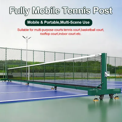 Mobile Tennis Pickleball Net Post System With Net Hand Crank Tensioner Adjustable Height for Indoor Outdoor Multi Purpose Court