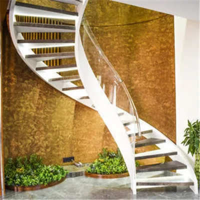 Curved stairs with white stringer and white wooden tread design
