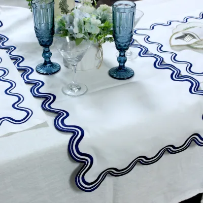 Table Runner With Navy Blue Edges- c Dining Decor Handmade Holiday Napkin Decor-Wavy Wedding Runner-Housewarming Gift