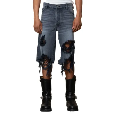 Black Ridged Denim Straight Short Stone Washed for Shorts Heavy Destroyed Ripped Frayed Distressed Streetwear Hip Summer
