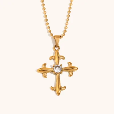 Hot Sale Gold Plated Christian Jewelry Stainless Steel Chain Vintage White Diamond Cross Beaded Chain Pendant Necklace for Women