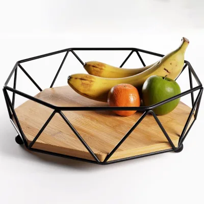 Homeware Fruit Bowl Food Container Modern Fruit Basket Stylish Wood & Metal Decorative Bowl Metal Basket Wire Bowl