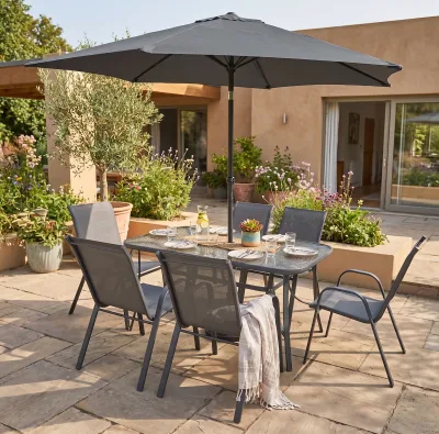 Water Wave Tempered Glass Table Stackable Chairs Umbrella Hole Patio Garden Furniture Set