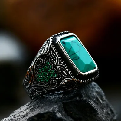 New Unique Design Stainless Steel Turquoise Ring CZ Ring for Men High Quality Zircon Jewelry Gift