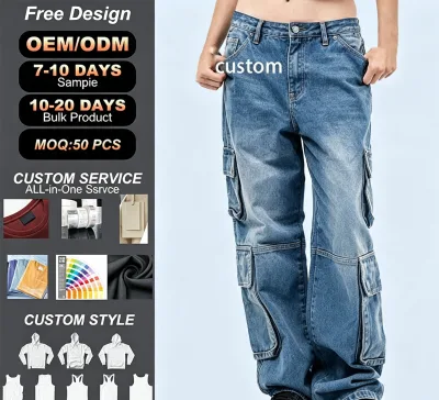 Custom 100% Cotton 14oz Denim Vintage Washed Cargo Baggy Men's Straight Jeans Logo High Quality Pants