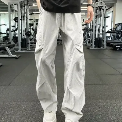 Thin Pleated Biker Cargo Pants for Men, American-style Vintage Loose Casual Versatile Ice-silk Straight-leg Wide Trousers