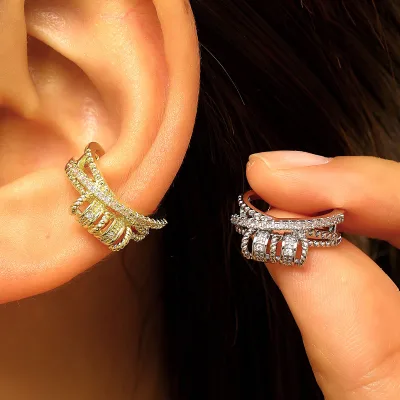 Light Luxury Multi-layer Twisted Rope Zircon Clip on Earrings for Non-pierced Ears, Retro Braided Wrap Ear Cuffs