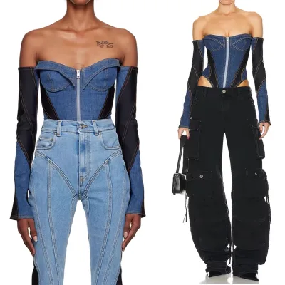 Woman Denim One-piece Garment with Fishbone Structure a V-neckline a Fitted Silhouette, and Long Sleeves
